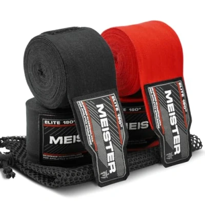Imagen de Meister Elite Vendas de Mano para Adultos 180 Pulgadas Artes Marciales Mixtas y Boxeo, Paquete 2 Pares con Bolsa Malla, Color Negro/Rojo Sangre