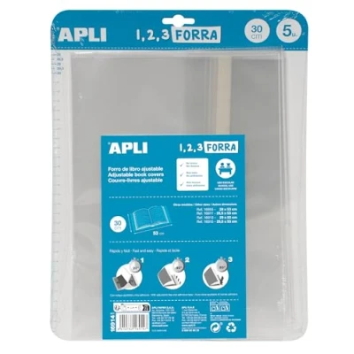 Imagen de APLI 16914 Forro de libros con solapa ajustable polipropileno. Medida 30 x 53 cm, 75 µ. Pack 5 u.