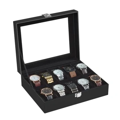 Imagen de SONGMICS Caja de Relojes con 10 Compartimentos, Estuche Tapa Cristal, Cojín Extraíble, Cierre Metálico, Regalo, Cuero Sintético Negro, Forro Negro JWB010B02