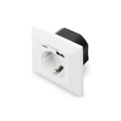Imagen de DIGITUS Enchufe empotrable con Cargador USB, 2 Tomas (USB A y USB C), 5 V/2,8 en Total, 250 V, 50 Hz, Color Blanco DA 70615