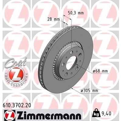 Imagen de ZIMMERMANN COAT Z 610.3702.20 Disco de freno 305 28 10/5 5 108 ventilación externa revestido VOLVO: S60 I, XC70 I Cross Country, S80