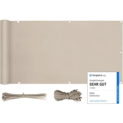 Imagen de Sekey Pantalla para Balcón Jardín Protección de Privacidad Opaca Polyster, UV, Resistente al Viento, se Puede Cortar, con Cuerda y Bridas 90 x 600cm, Gris Pardo