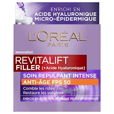 Imagen de L&#039;Oréal Paris Tratamiento repelente intenso antienvejecimiento FPS 50 Crema de día con ácido hialurónico protección UV arrugas y Para todo tipo pieles Revitalift Filler