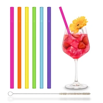 Imagen de HALM Pajitas de vidrio coloridas 6 unidades 20 cm colores NEÓN para fiesta, niños + cepillo limpieza sin plástico Apto lavavajillas Sostenible Sorbetes cristal cócteles
