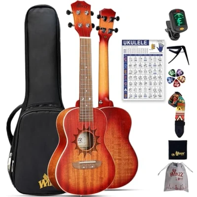 Imagen de Winzz Ukelele Concierto para Adultos Principiantes, de Caoba 23 pulgadas Starter Kit, Único Juego Regalos Niños, Diseño (Cuerdas Carbono, Sunburst Mate)