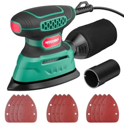 Imagen de HYCHIKA Lijadora madera 140W, 13000 OPM Eficiente Recolección de Polvo, con 12 hojas lija, ideal para lijar y remover óxido pintura