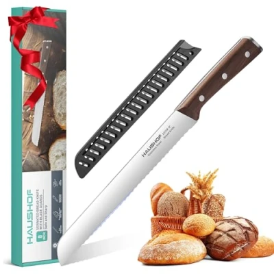Imagen de HAUSHOF Cuchillo para Pan, Dentado Pan con Funda, Cortador de 20 cm Cuchilla Acero Inoxidable Mango Madera, Cocina Cortar Regalo Mamá y Papá