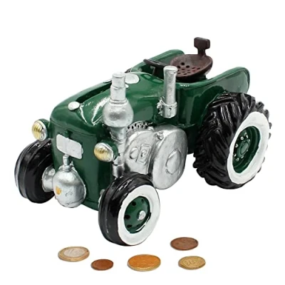 Imagen de Dekohelden24 Hucha como Tractor de Poli Sparauto en Color Verde con Cierre Goma, tamaño L/B/H: 16 x 11 cm Aprox