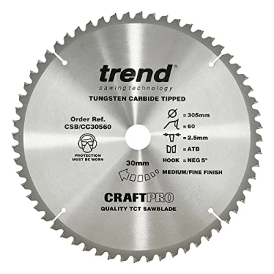 Imagen de Trend CraftPro Hoja de sierra circular TCT corte transversal con gancho negativo, 305 mm diámetro x 60 dientes 30 interior, punta carburo tungsteno, CSB/CC30560