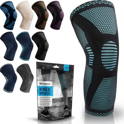 Imagen de POWERLIX rodillera para mujeres y hombres, de compresión artritis, dolor articular, lesión ligamentos, desgarro menisco, tendinitis, correr, sentadillas, deportes,Azul Claro, XL