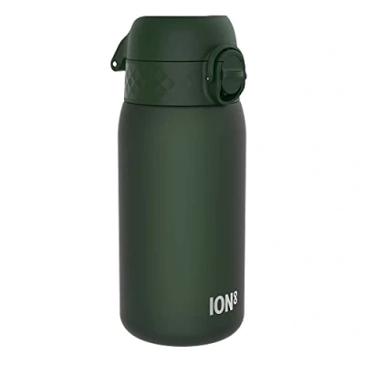 Imagen de Ion8 Botella de Agua para Niños, 350ml, a Prueba Fugas, Fácil Abrir, Cerradura Segura, Apta Lavavajillas, Sin BPA, Asa Transporte, Limpiar, Neutro en Carbono, Verde Oscuro