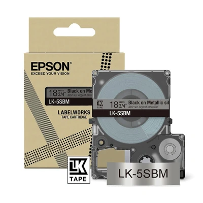Imagen de Epson LabelWorks LK 5SBM Cinta compatible con LW C410 y C624 (18 mm), color plateado metálico negro