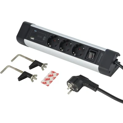 Imagen de Electraline 62581 Regleta Base Múltiple de Escritorio/Oficina (2 3.0A + 1 C Power Delivery), Cable H05VV F 3G.1, 2M, protección contra sobretensiones, Negro, 3 Tomas USB PD 20W