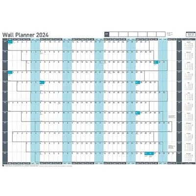 Imagen de Sasco Juego de planificador anual pared 2024, calendario borrado en seco estilo pizarra blanca, grande, tabla póster, azul, 915 x 610 mm, 2410237