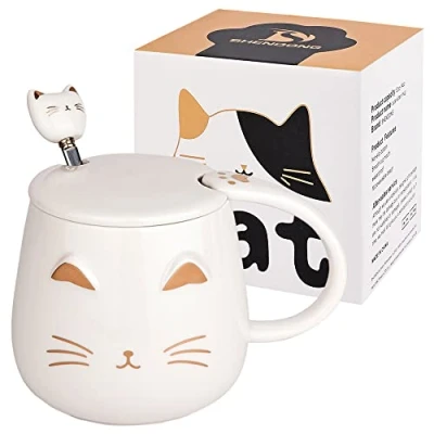 Imagen de Taza Gato Blanco Linda de café cerámica con tapa y cuchara kawaii matutina novedosa Tazas té leche Animales 3d gatos para amantes los Mujeres Regalos
