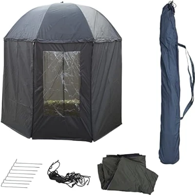 Imagen de PHOENIX 91109 Paraguas de pesca (diámetro 250 cm, con capa y clavos, protección contra lluvia, viento frío rayos UV, 3 hombres equipaje carpa + estuche gratuito), gris oscuro