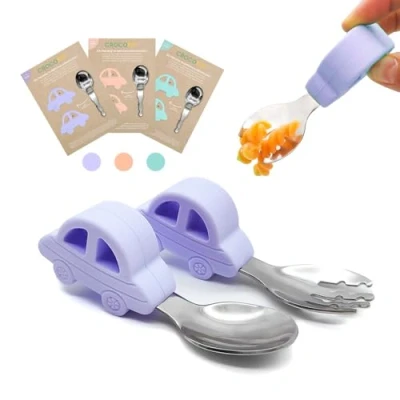 Imagen de CROCOKID® Set Cubiertos Bebe/Cubiertos aprendizaje Bebe 1 año/Cuchara + Tenedor para Coche de Bebe/Vajilla y Infantil, Silicona Acero Inoxidable LILA
