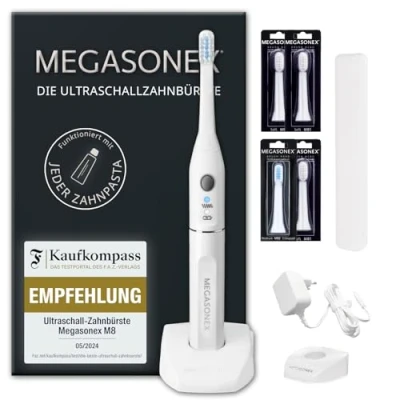 Imagen de MEGASONEX Juego de cepillos dientes ultrasónicos M8, con 2 niveles vibración, incluye cabezales cepillo blandos