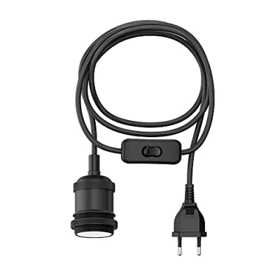 Imagen de ledscom.de cable textil RETRA, enchufe, interruptor, negro, 3 m, portalámparas, 1x E27 máx. 60W, cable, de lámpara, E27, cuerda, lámpara colgante, vintage,