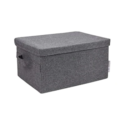 Imagen de Bigso Box of Sweden Caja de almacenamiento con tapa para ropa, accesorios, juguetes, etc. plegable asa tela pequeña poliéster y cartón, aspecto lino gris