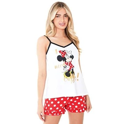 Imagen de Disney Pijama Mujer Verano, Conjunto Pantalones Cortos y Camiseta Tirantes con Personajes, Moda S XL, Stitch Minnie Cruella Marie (Blanco/Rojo Minnie, M)