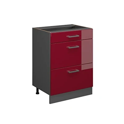 Imagen de Vicco Mueble bajo de Cocina R Line, Rojo Burdeos Alto Brillo/Antracita, 60 cm con cajones, sin encimera