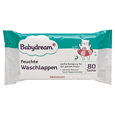 Imagen de Babydream Manoplas húmedas para baño (80 unidades, limpieza suave todo el cuerpo, con aloe y textura fina micropuntos)