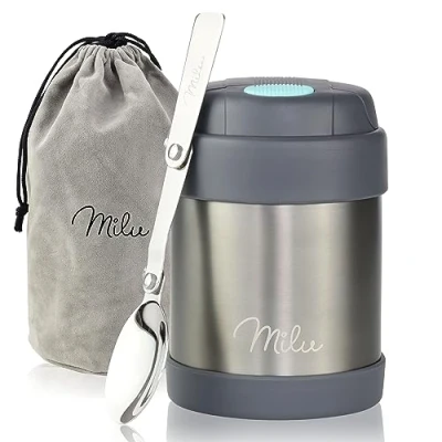 Imagen de Milu Termo para Comida 300ml, 440ml, 450ml, 650ml, 800ml Taza Aislada, Botella de Acero Inoxidable Aislada Alimentos, Beber y sopa los niños adultos A prueba fugas Térmico (300ml/Gris)