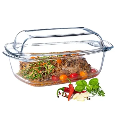 Imagen de KADAX Fuente de horno, 5,1L, Cacerola con Tapa, Cristal para asar, Lasaña, Mangos, Bandeja Cocina Vidrio, transparente Aptas Nevera y Congelador
