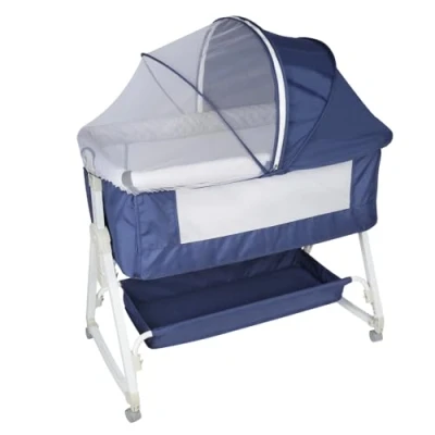 Imagen de HUOLE Cuna 3 en 1, Colecho, Balancín, con inclinación Ajustable, Altura Ajustable 6 Niveles, hasta 30 kg, Ruedas 360º, Mosquitera, Cesta de Almacenamiento 92 * 52 106 118cm azul Marino
