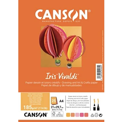 Imagen de Canson Iris Vivaldi, Papel de dibujo color, Suave, 185gsm, A4 21x29,7cm, 5 colores surtidos, 25 Hojas