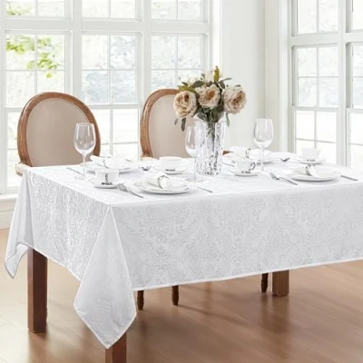 Imagen de Elrene Mantel de Damasco, poliéster, Blanco, 52 x 70 Pulgadas, Rectangular/Rectangular