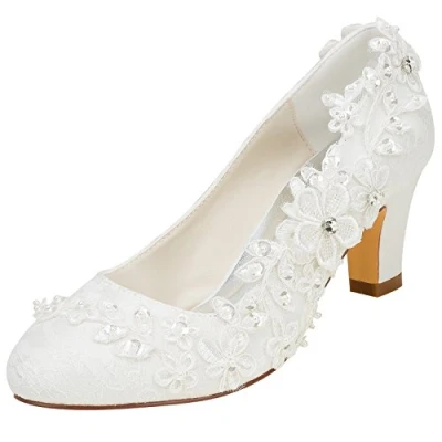 Imagen de Emily Bridal Zapatos de novia Mujer Seda como Satén Tacón ancho Salón con puntada Encaje Flor Cristal Perla, beige, 41 EU