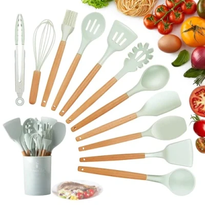Imagen de Utensilios Cocina de Silicona,KagoLing 12 Piezas Juego Resistentes al Calor y Antiadherentes con Mango Madera para
