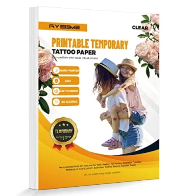 Imagen de Ryebme Papel imprimible para transferir Tatuajes temporales impresoras láser y de inyección Tinta,Tatuajes Personalizados DIY Pegatinas Tamaño A4 1 Pack: 6 Papeles (Transparente)