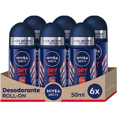 Imagen de NIVEA MEN Dry Impact Roll on en pack de 6 (6 x 50 ml), desodorante antitranspirante con protección 72h, cuidado masculino testado la vida real