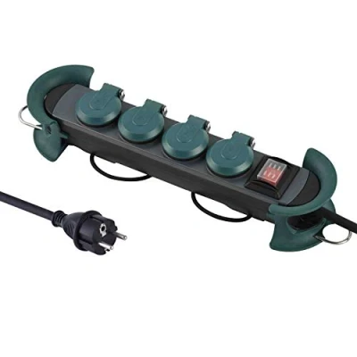 Imagen de Electraline 62085 Regleta Base Profesional para Exteriores, 4 Enchufes Schuko con Enchufe IP44, Colgante 2 Ganchos, Cable de Goma H07Rn F 3G1.5 Metros, Color Negro/ Verde