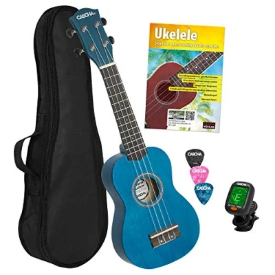 Imagen de CASCHA Set de ukelele soprano (incluye 3 púas, funda, libro aprendizaje con afinador DVD, cuerdas Aquila, nailon, guitarra Hawaii pequeña), color azul