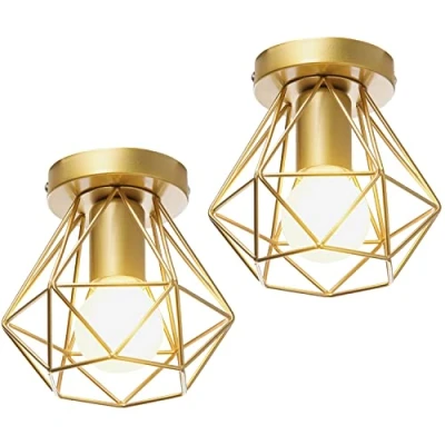 Imagen de iDEGU 2 Piezas Lámparas de Techo Vintage Ø16cm E27 Iluminación Plafon Retro Colgante Industrial Estilo Jaula Geométrica en Metal Luz Para Pasillo Cocina (Jaula A, Dorado)