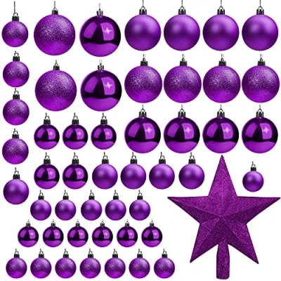 Imagen de Belle Vous Bolas de Navidad Moradas (Pack 50) Tamaños Variados Navideñas con Brillo y Estrella para la Punta Adornos Decor Fiestas Interior Exterior