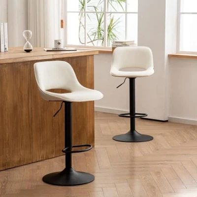 Imagen de YOUNIKE Taburetes de Bar Juego 2 Giratorios con Altura Ajustable, Cocina Acolchado Suave, Mostrador Respaldo Hueco, Taburete Alta Bar, Blanco