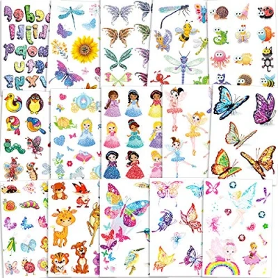 Imagen de Qpout 180pcs Niños flash tatuaje, tatuaje temporal flor hada/disney princesa/mariposa/animal pegatina, regalo de cumpleaños para niñas y niños,relleno bolsa recompensa