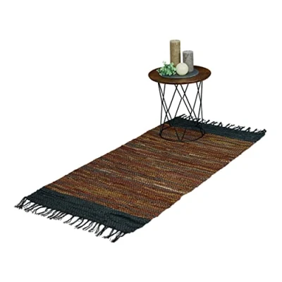 Imagen de Relaxdays Alfombra de Pasillo Algodón y Cuero, 70 x 140 cm, con Flecos, Antideslizante, Retazos, Marrón, Piel auténtica
