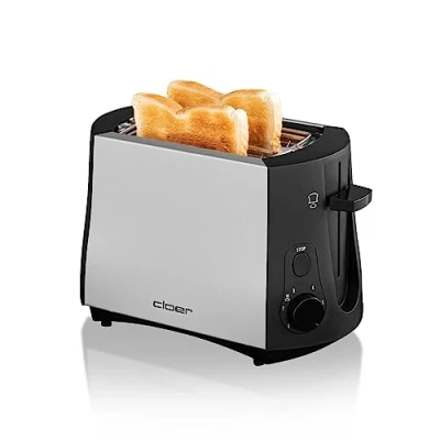 Imagen de Cloer 3410 Tostadora para 2 tostadas, 825 vatios, calentador de panecillos incluido, dispositivo post elevado, bandeja las migas, Carcasa metal esmerilado, aislada térmicamente