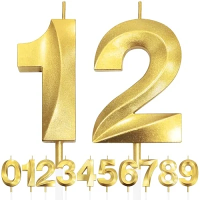Imagen de 12th Vela de Cumpleaños con Purpurina Dorada y Diseño 3D Número 12, Velas Números, Decoración Tarta, Tarta para Fiesta Cumpleaños, Aniversario Boda,