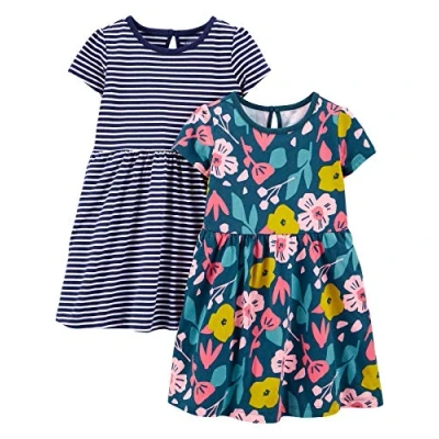 Imagen de Simple Joys by Carter&#039;s Conjuntos de Vestidos sin Mangas y Manga Corta Bebé Niña, Pack 2, Azul Marino Estampado Floral/Blanco Rayas, 18 meses