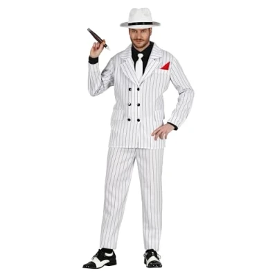 Imagen de FIESTAS GUIRCA Disfraz de Gángster Mafioso Años 20 Traje Blanco a Rayas Gatsby Estilo Mafia Boss para Hombre Adulto Talla L 52 54