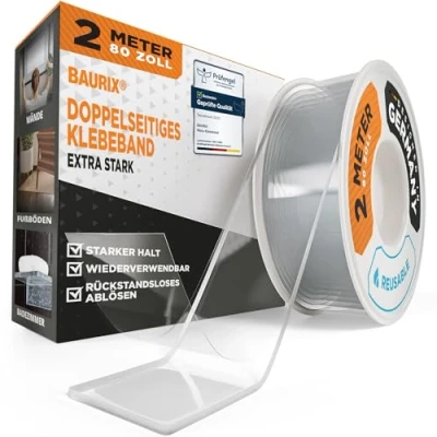Imagen de BAURIX® Cinta doble cara [2m] de extrafuerte Adhesivo transparente y lavable Adhesiva versátil
