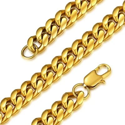 Imagen de GOLDCHIC JEWELRY Golden Cuban Curb Chain Necklace Dorado Collar Cubano Miami de Acero inoxidable chapado en Oro 10mm ancho 24 pulgadas largo