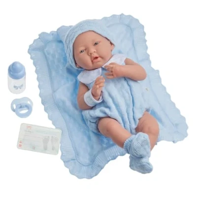 Imagen de JC TOYS Muñeca La Newborn recién Nacida de 38 cm es Vinilo Suave, con Ropa Punto y Accesorios, Azul, está Fabricada en España diseñada por Berenguer, Edad + 2años